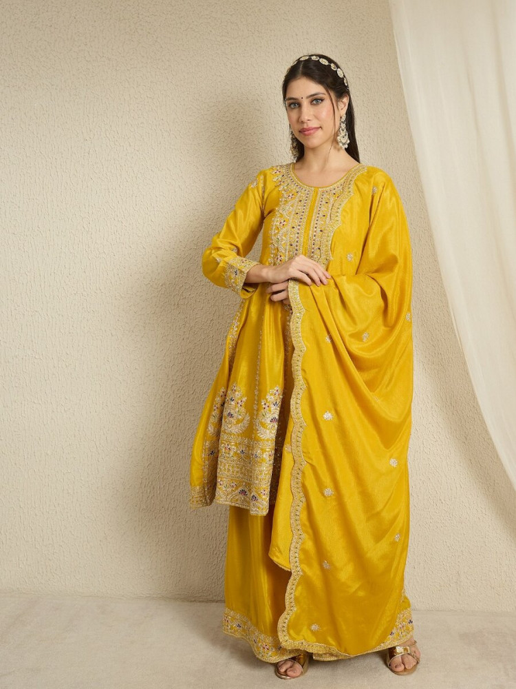 Image of Yellow Chinon Embroidery Zari Wedding Party Festival Casual Ready Palazzo Pant Salwar Kameez