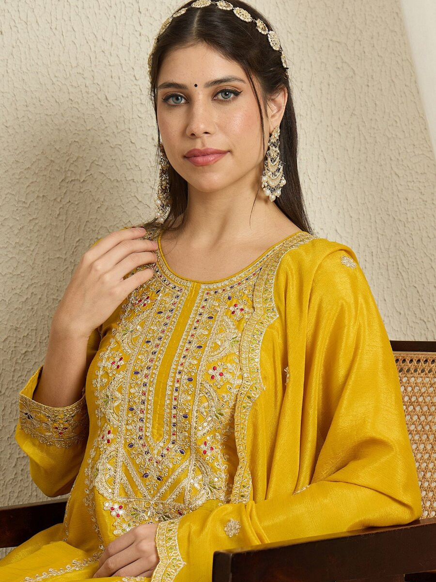 Yellow Chinon Embroidery Zari Wedding Party Festival Casual Ready Palazzo Pant Salwar Kameez