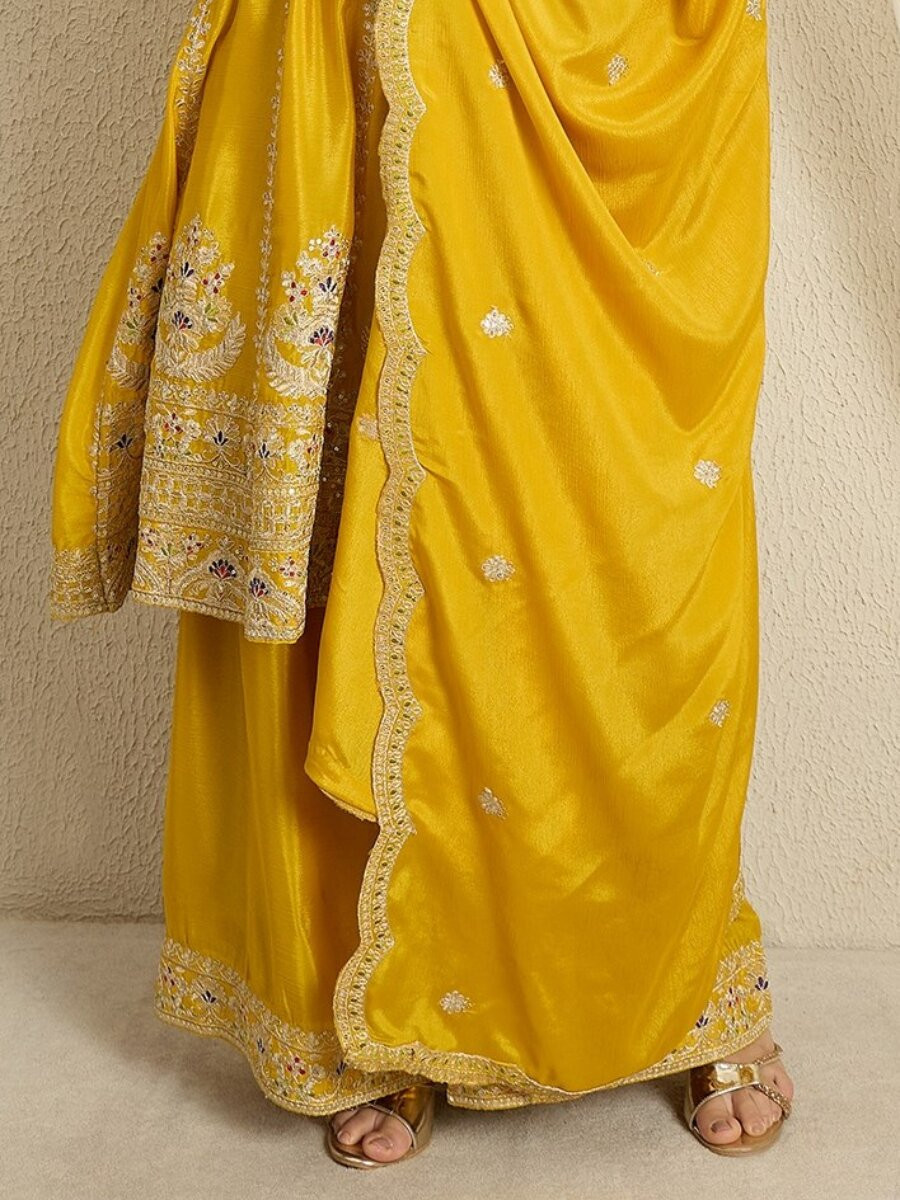 Yellow Chinon Embroidery Zari Wedding Party Festival Casual Ready Palazzo Pant Salwar Kameez