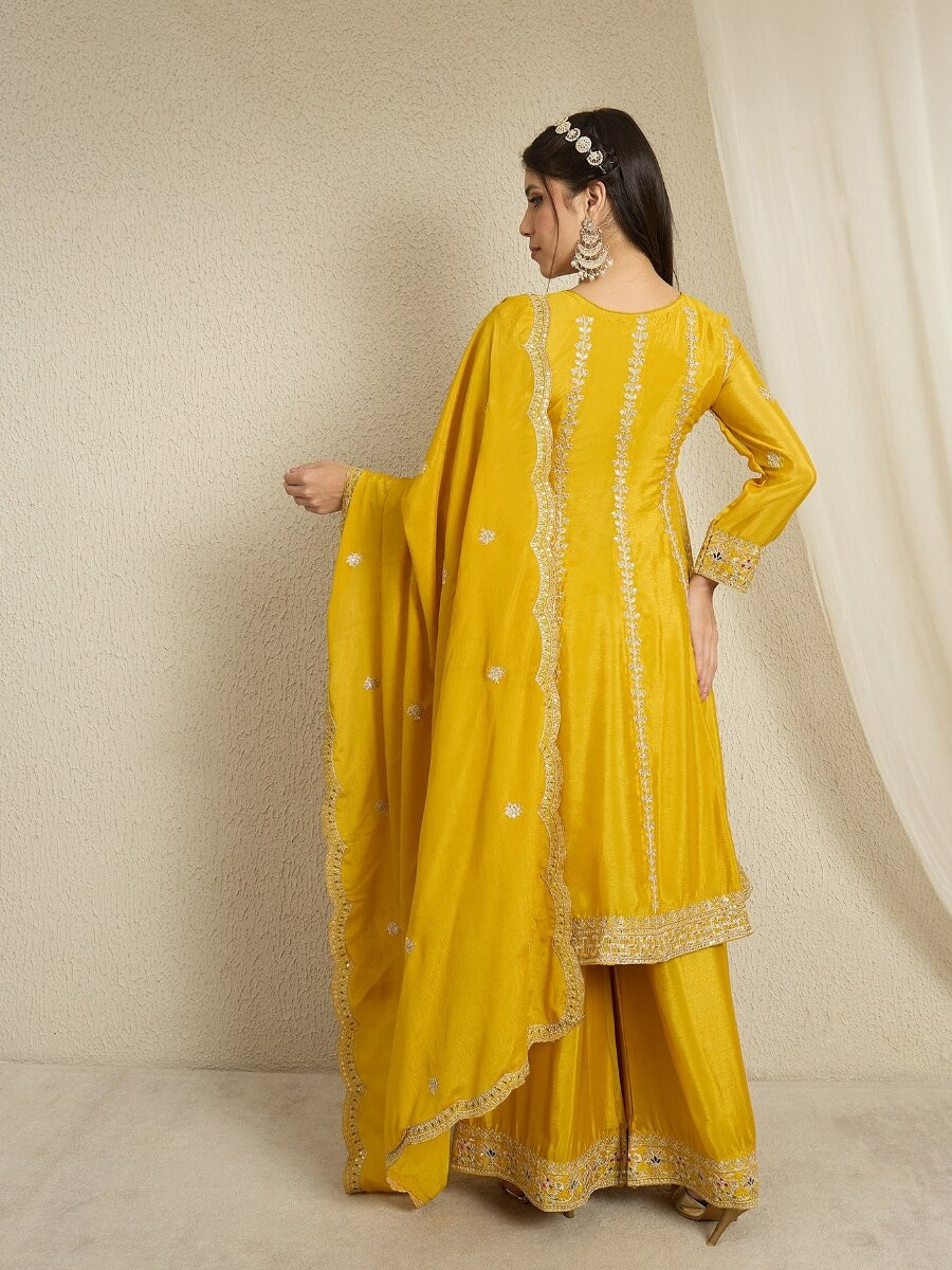 Yellow Chinon Embroidery Zari Wedding Party Festival Casual Ready Palazzo Pant Salwar Kameez