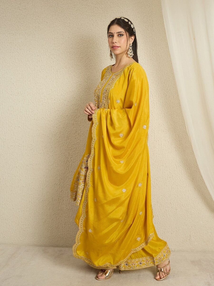 Yellow Chinon Embroidery Zari Wedding Party Festival Casual Ready Palazzo Pant Salwar Kameez