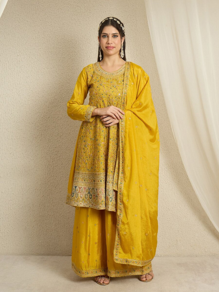 Image of Yellow Chinon Embroidery Zari Wedding Party Festival Casual Ready Palazzo Pant Salwar Kameez