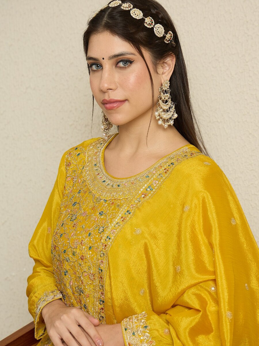 Yellow Chinon Embroidery Zari Wedding Party Festival Casual Ready Palazzo Pant Salwar Kameez