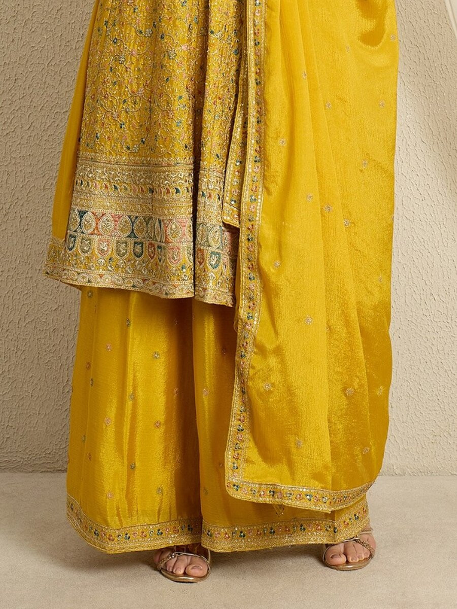Yellow Chinon Embroidery Zari Wedding Party Festival Casual Ready Palazzo Pant Salwar Kameez