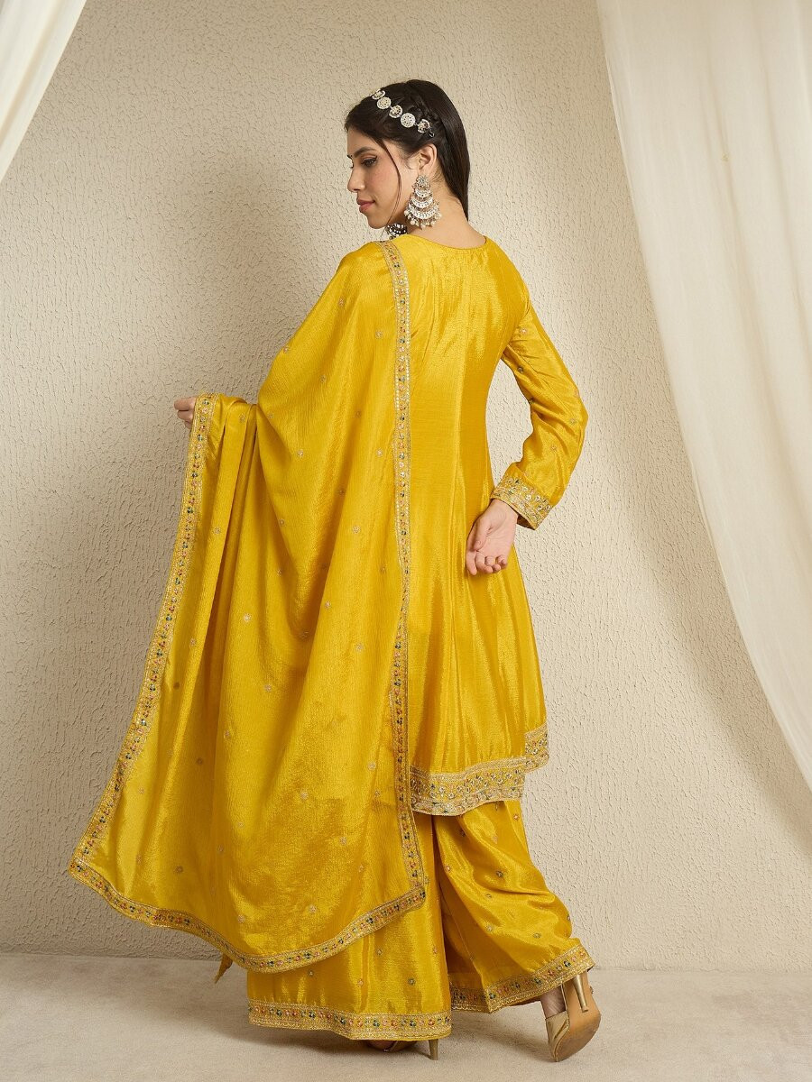 Yellow Chinon Embroidery Zari Wedding Party Festival Casual Ready Palazzo Pant Salwar Kameez