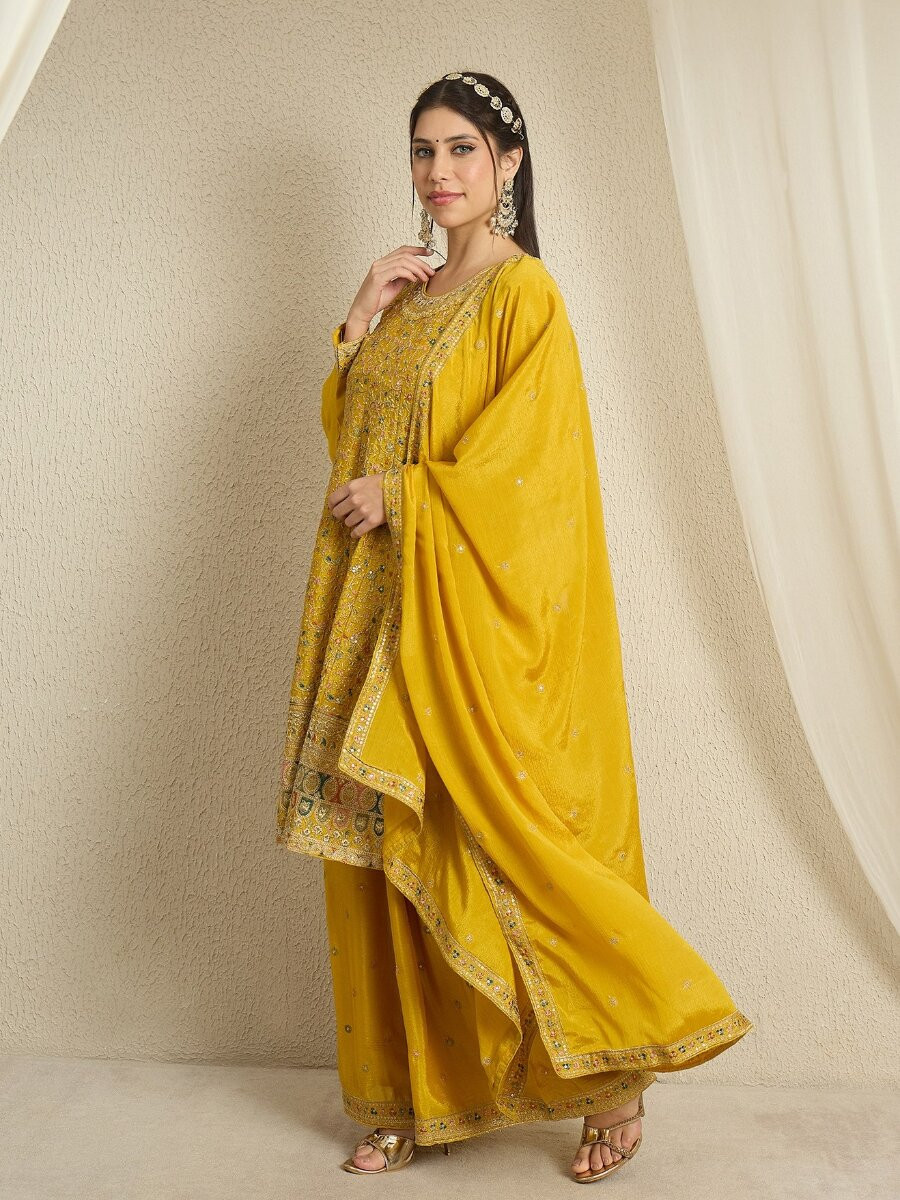 Yellow Chinon Embroidery Zari Wedding Party Festival Casual Ready Palazzo Pant Salwar Kameez