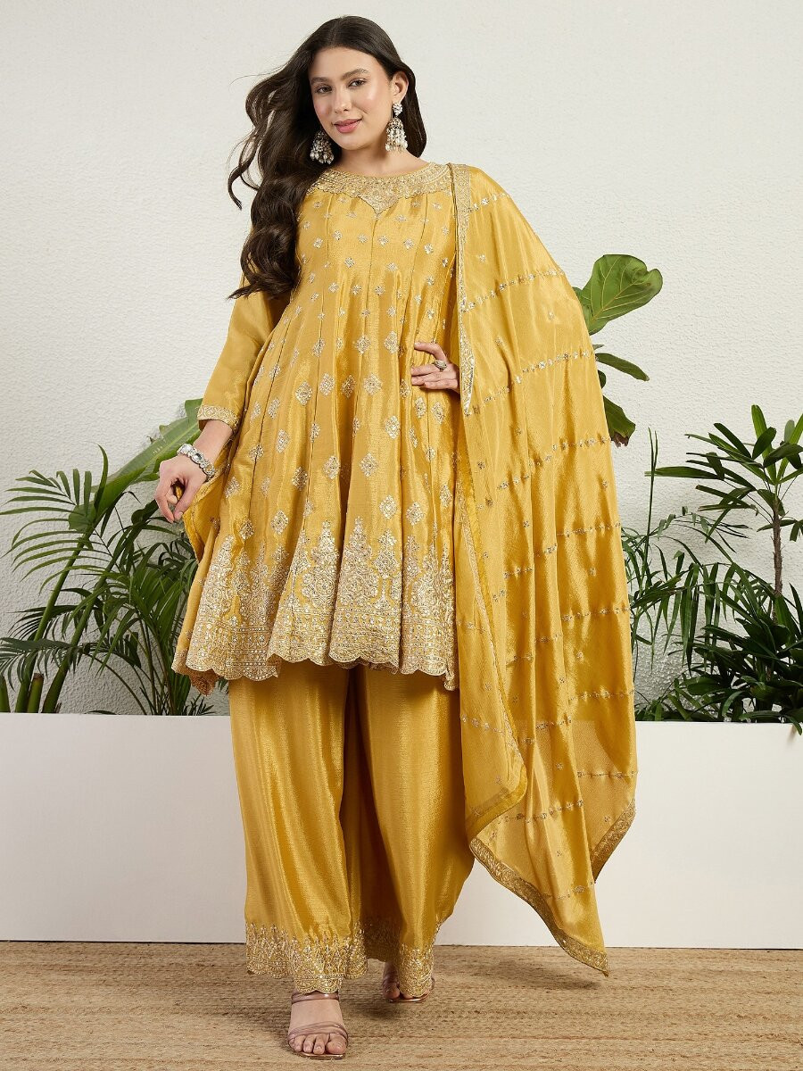 Yellow Chinon Embroidery Zari Wedding Party Festival Casual Ready Palazzo Pant Salwar Kameez