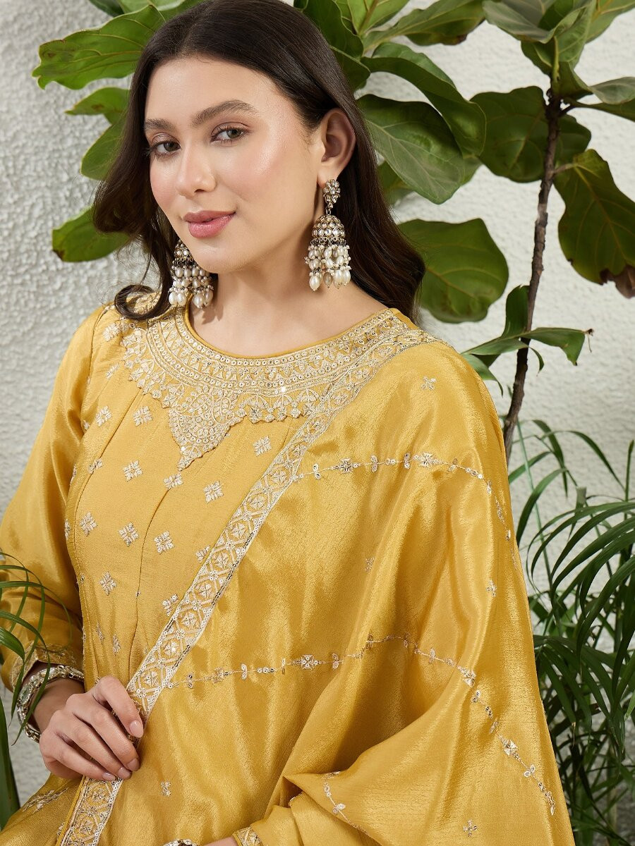 Yellow Chinon Embroidery Zari Wedding Party Festival Casual Ready Palazzo Pant Salwar Kameez