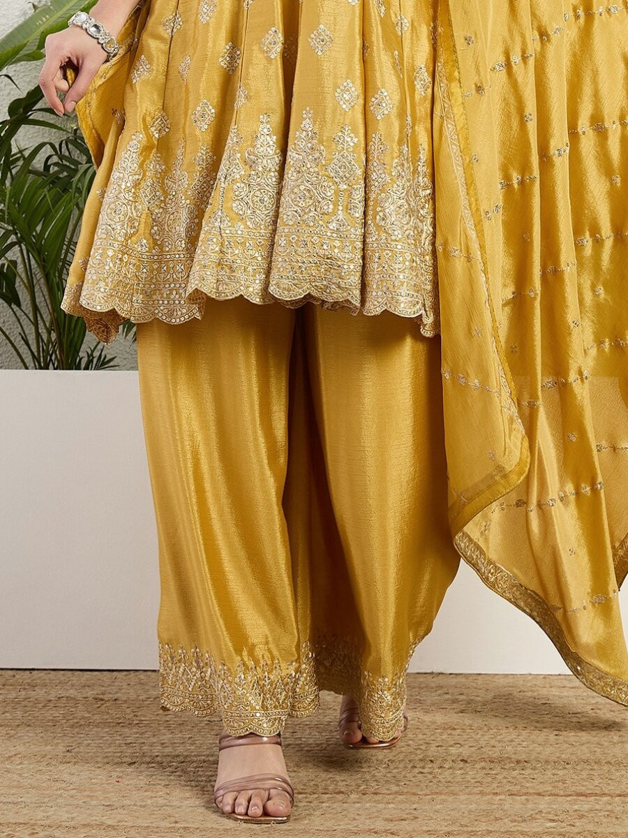 Yellow Chinon Embroidery Zari Wedding Party Festival Casual Ready Palazzo Pant Salwar Kameez