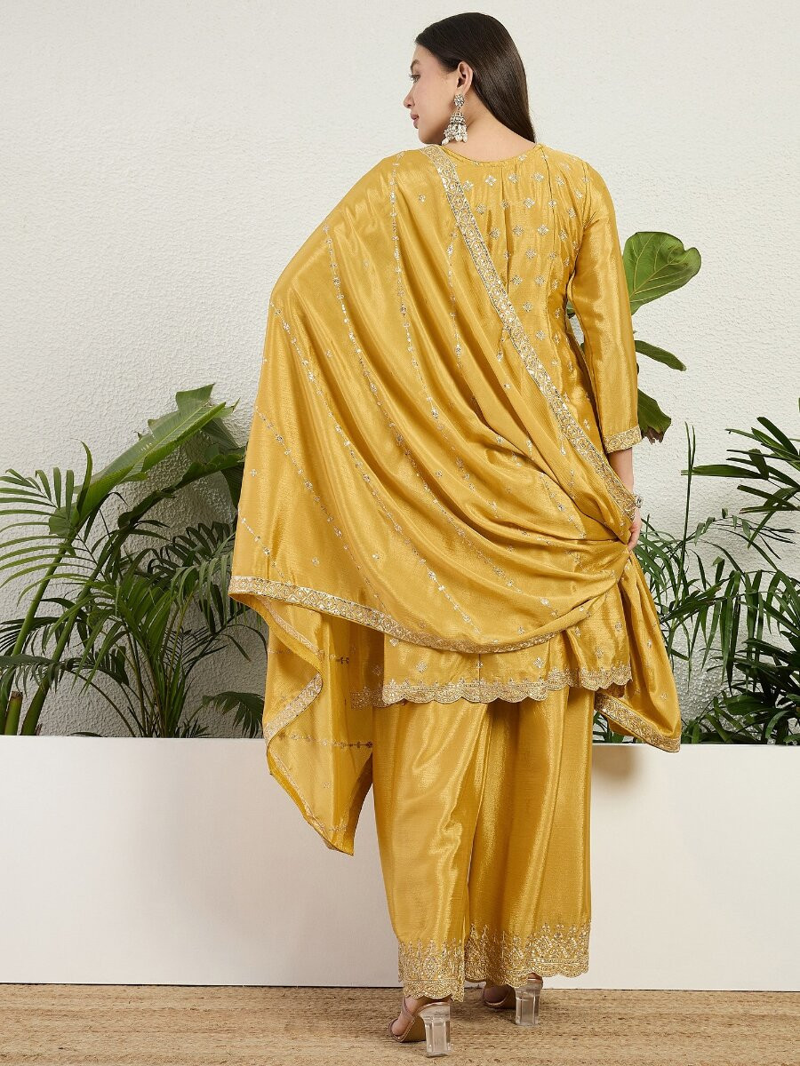Yellow Chinon Embroidery Zari Wedding Party Festival Casual Ready Palazzo Pant Salwar Kameez