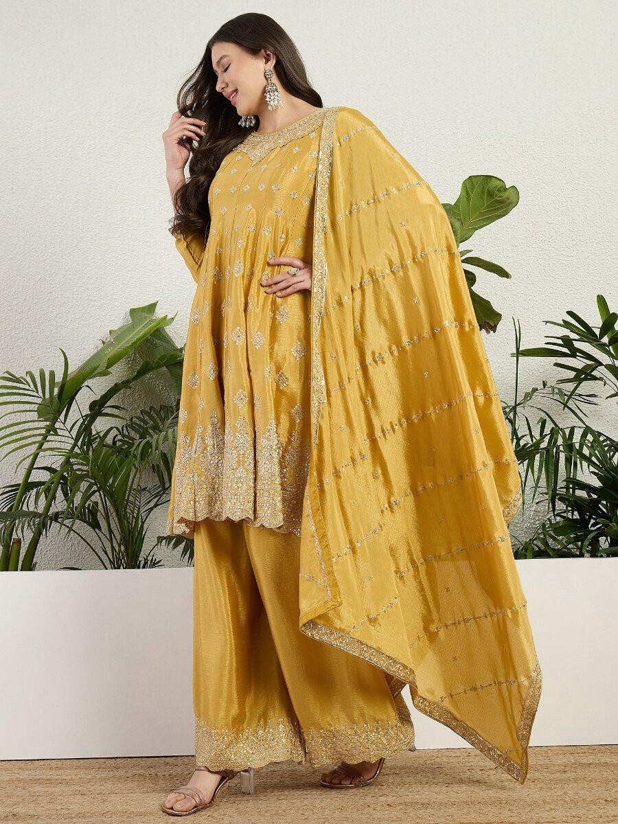 Yellow Chinon Embroidery Zari Wedding Party Festival Casual Ready Palazzo Pant Salwar Kameez