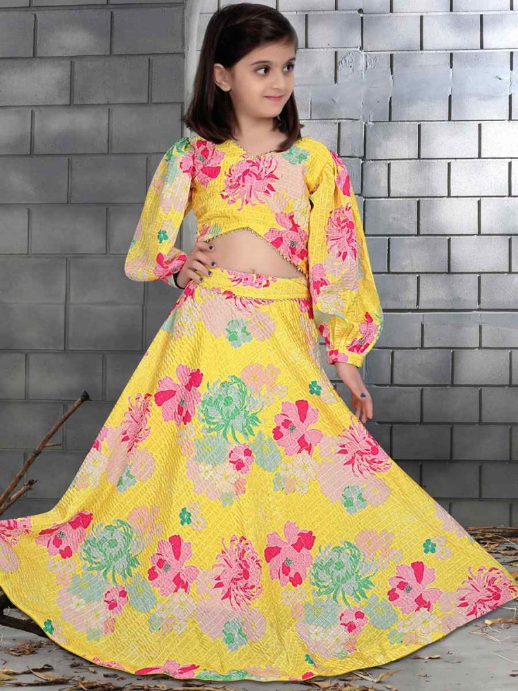 Yellow Chinon Printed Festival Party Lehengas Girls Wear