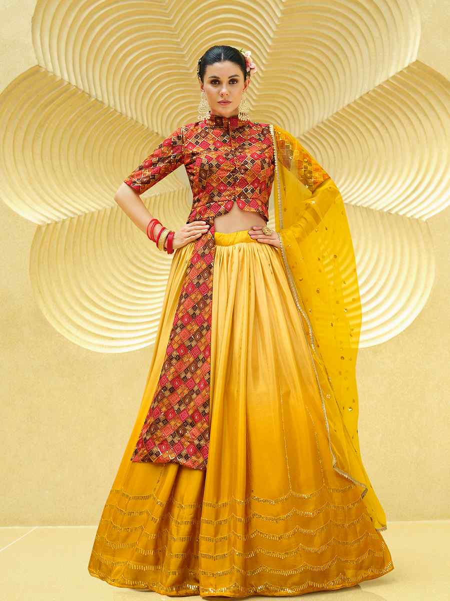 Yellow Chinon Silk Embroidered Festival Wedding Kurti Lehenga Choli