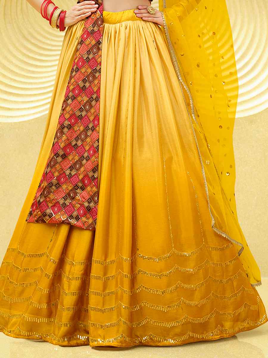 Yellow Chinon Silk Embroidered Festival Wedding Kurti Lehenga Choli