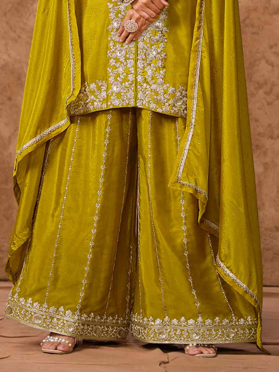 Yellow Chinon Silk Embroidered Festival Wedding Ready Palazzo Pant Salwar Kameez