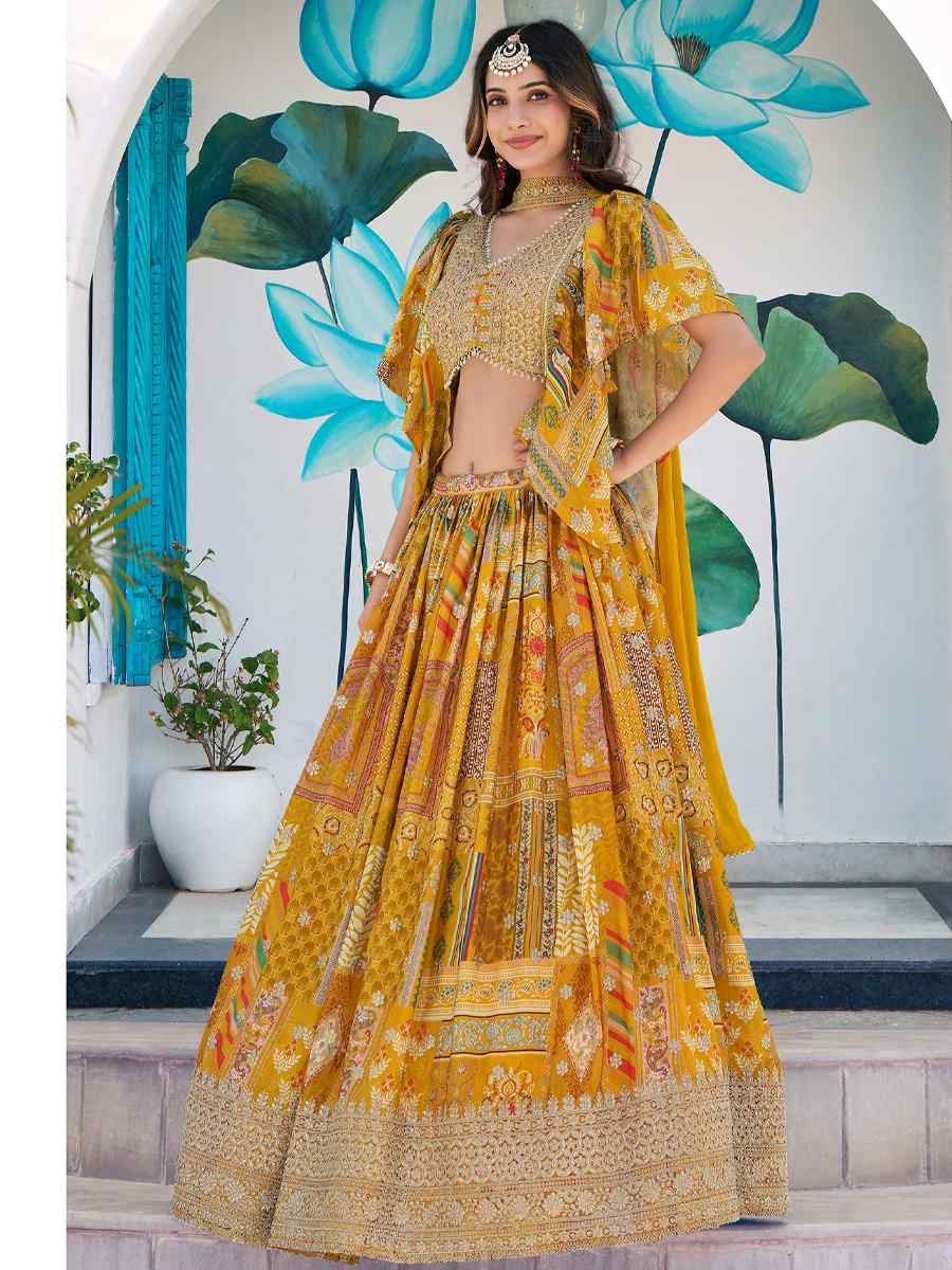 Yellow Chinon Silk Embroidered Wedding Reception Festival Heavy Border Lehenga Choli