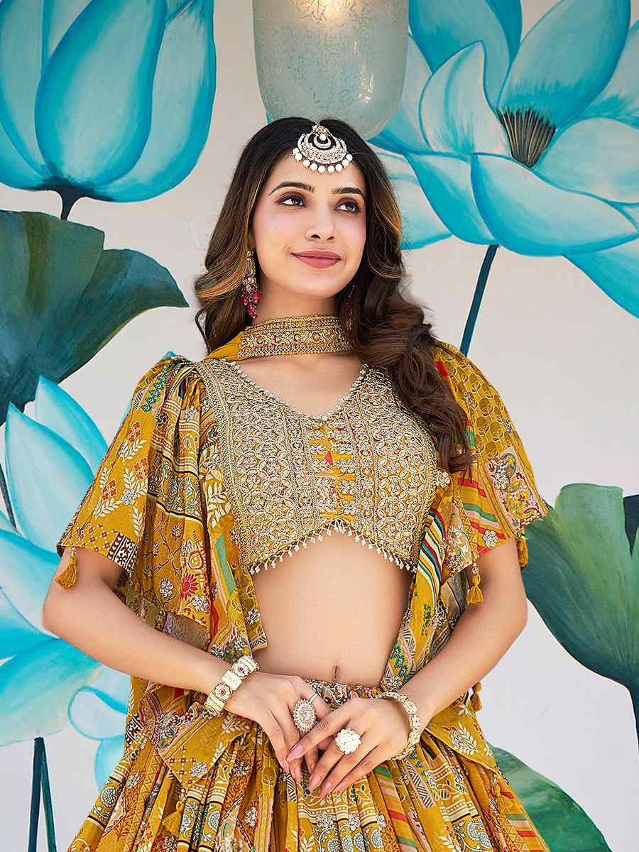 Yellow Chinon Silk Embroidered Wedding Reception Festival Heavy Border Lehenga Choli