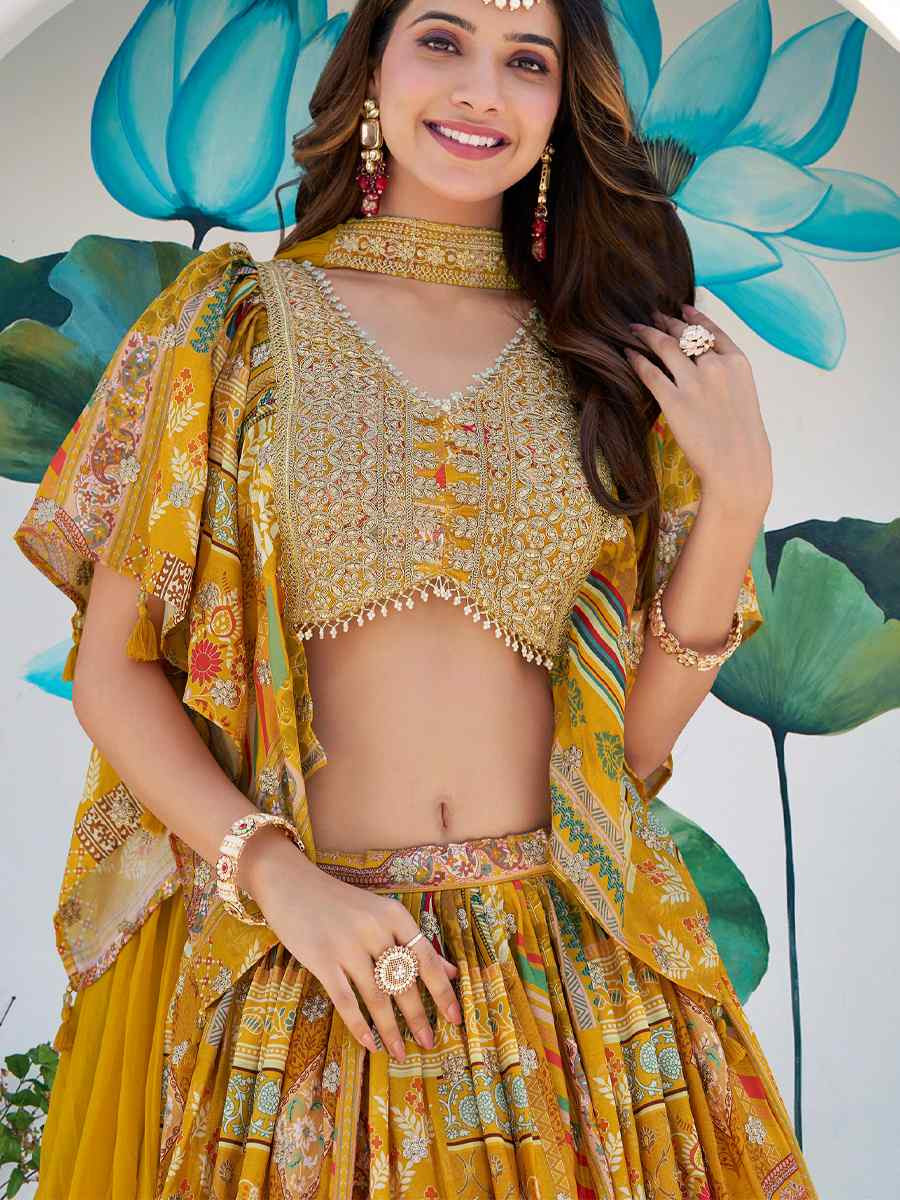 Yellow Chinon Silk Embroidered Wedding Reception Festival Heavy Border Lehenga Choli