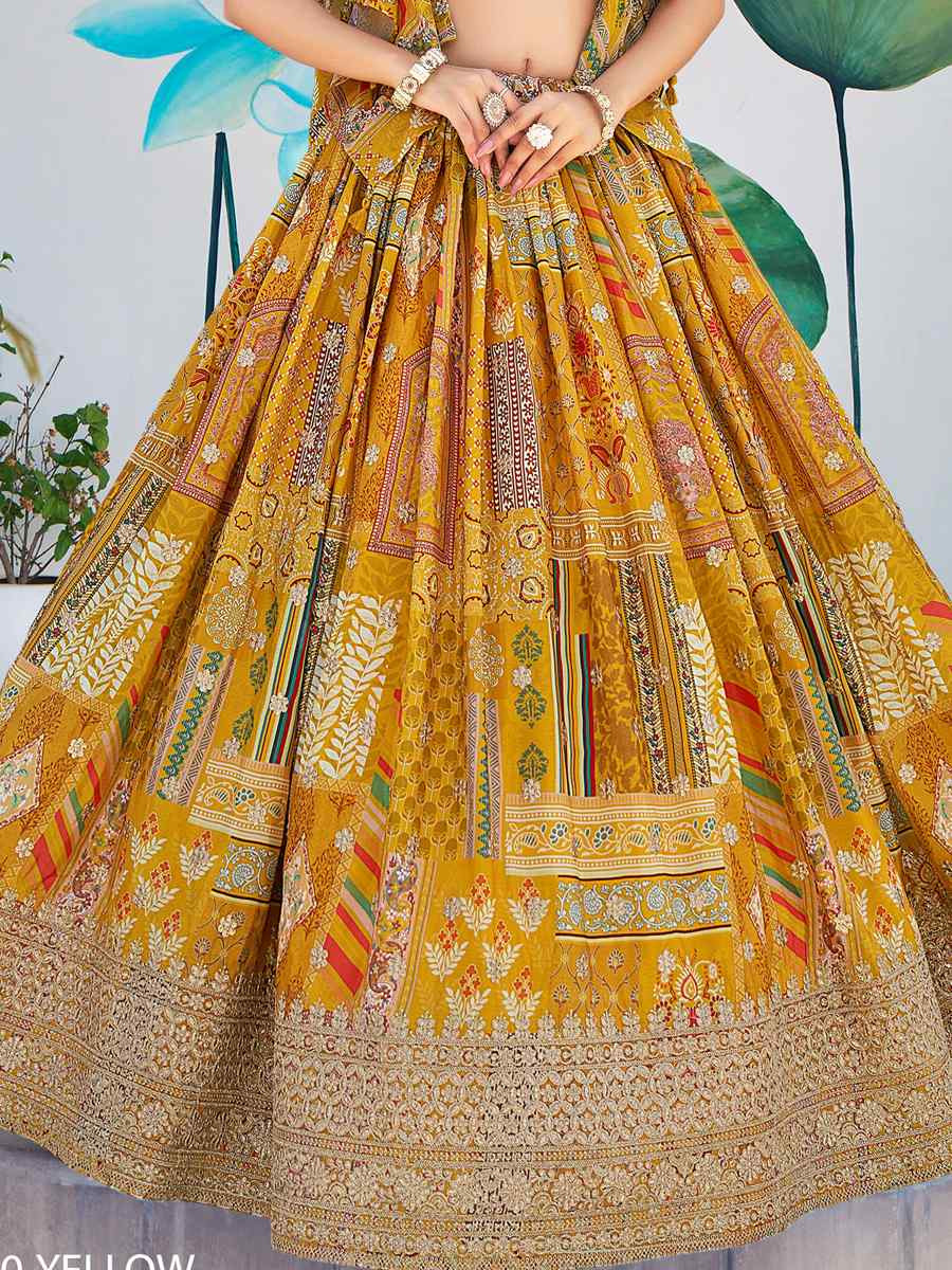 Yellow Chinon Silk Embroidered Wedding Reception Festival Heavy Border Lehenga Choli