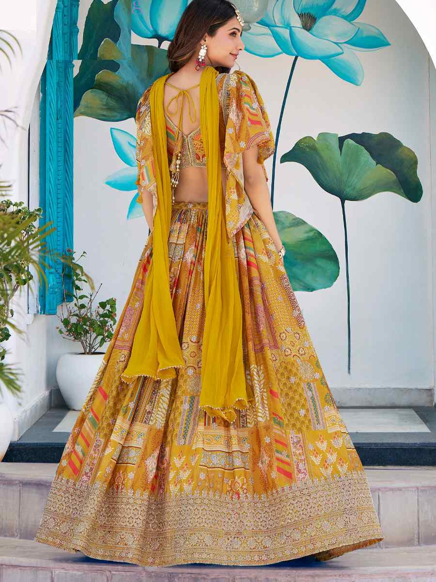 Yellow Chinon Silk Embroidered Wedding Reception Festival Heavy Border Lehenga Choli