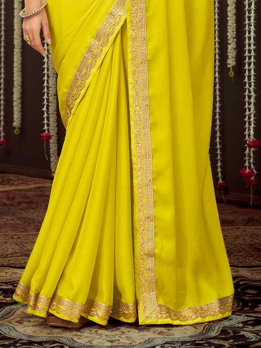 Yellow Chinon Silk Sequins Wedding Party Classic Style Saree