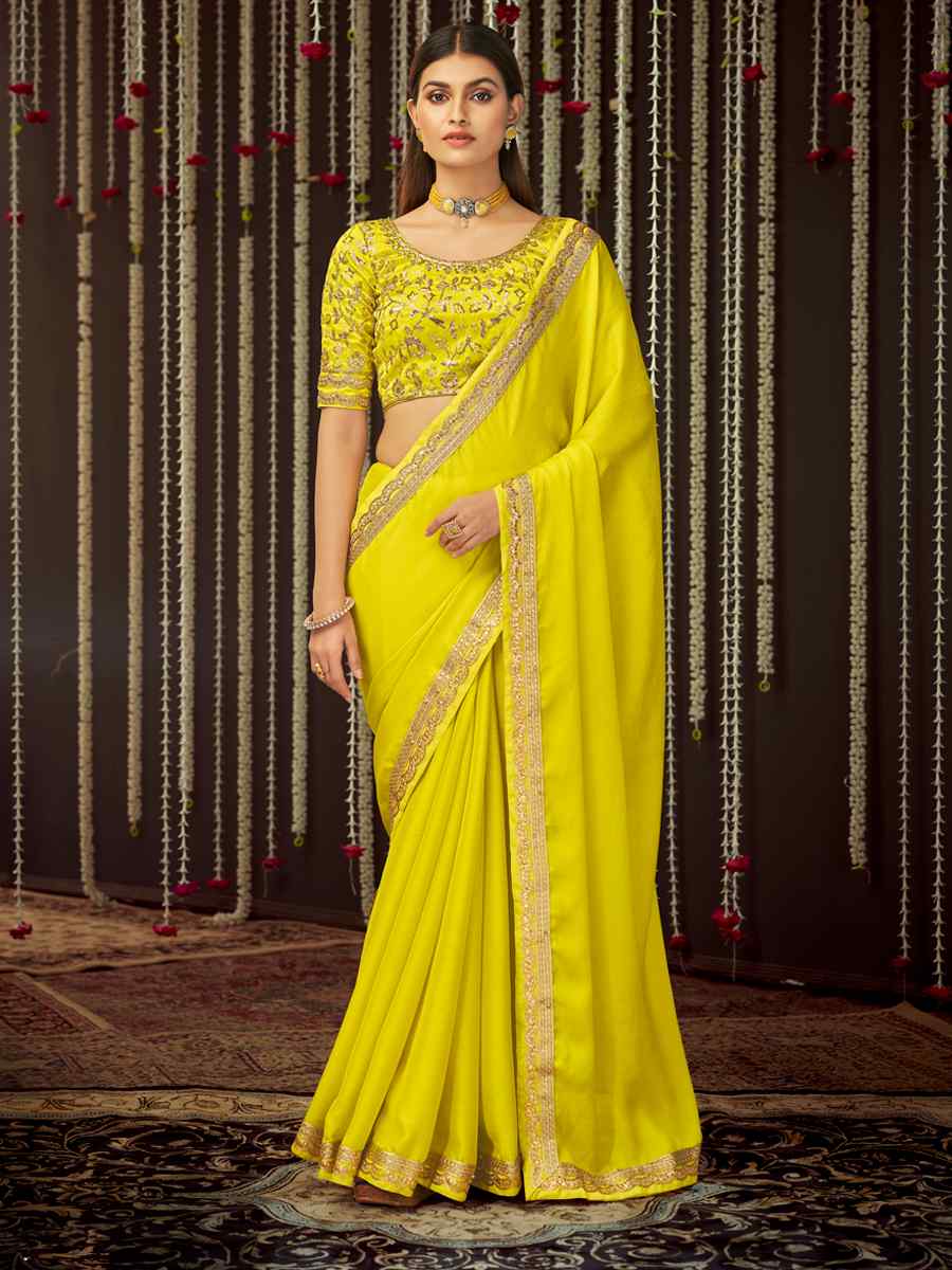 Yellow Chinon Silk Sequins Wedding Party Classic Style Saree