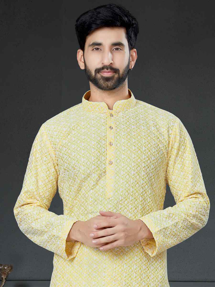 Yellow Cotton Art Silk Woven Festival Kurta