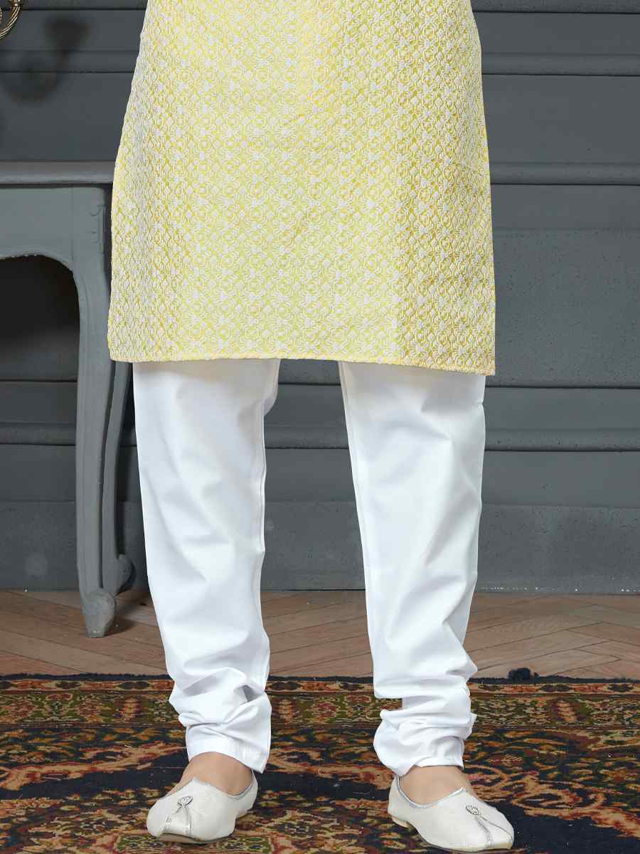 Yellow Cotton Art Silk Woven Festival Kurta