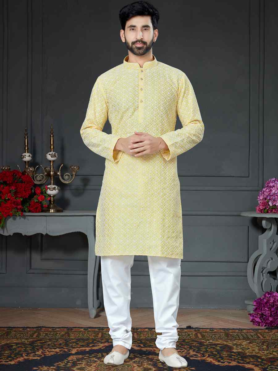 Yellow Cotton Art Silk Woven Festival Kurta