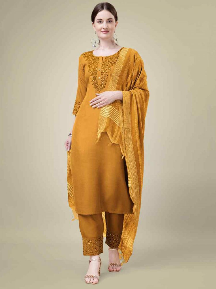 Yellow Cotton Blend Embroidered Festival Casual Ready Pant Salwar Kameez