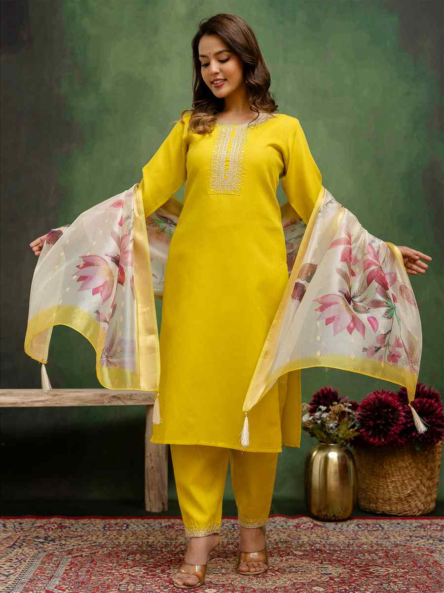 Yellow Cotton Blend Embroidery Party Wedding Festival Casual Ready Pant Salwar Kameez
