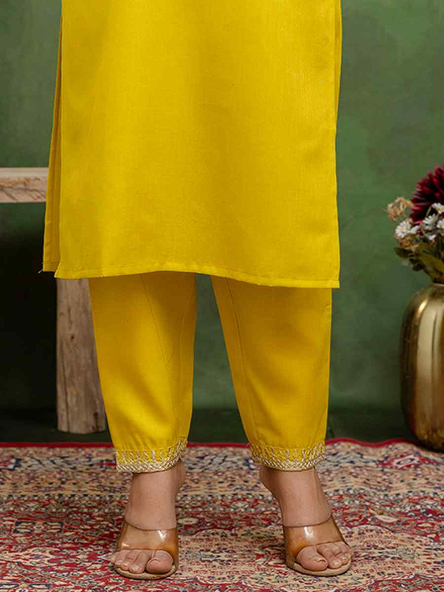 Yellow Cotton Blend Embroidery Party Wedding Festival Casual Ready Pant Salwar Kameez