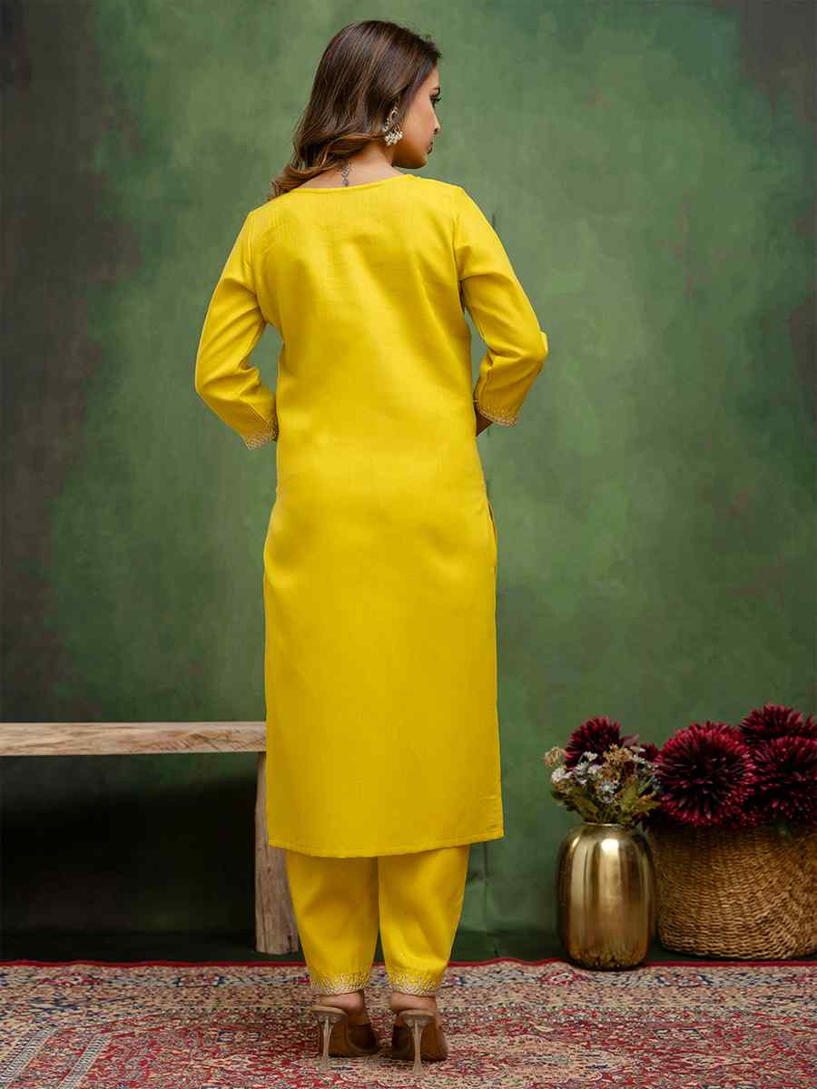 Yellow Cotton Blend Embroidery Party Wedding Festival Casual Ready Pant Salwar Kameez