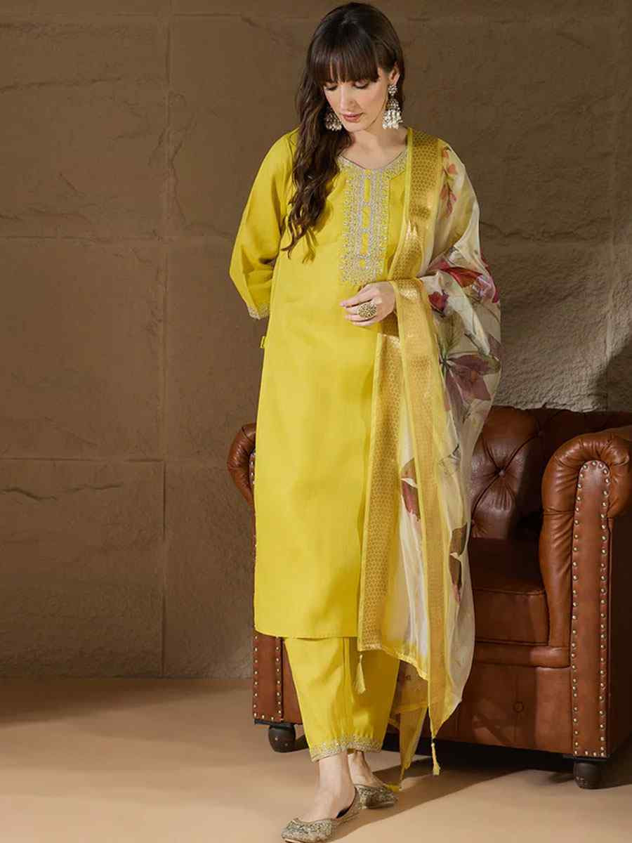 Yellow Cotton Blend Embroidery Party Wedding Festival Casual Ready Pant Salwar Kameez