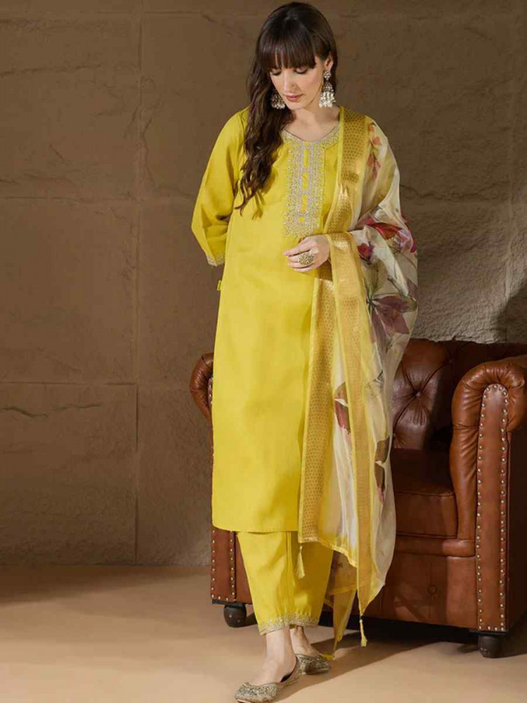 Image of Yellow Cotton Blend Embroidery Party Wedding Festival Casual Ready Pant Salwar Kameez