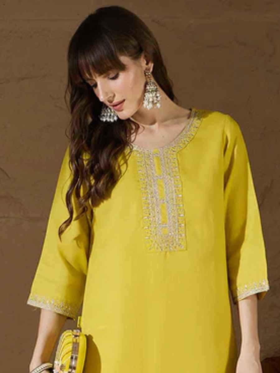 Yellow Cotton Blend Embroidery Party Wedding Festival Casual Ready Pant Salwar Kameez