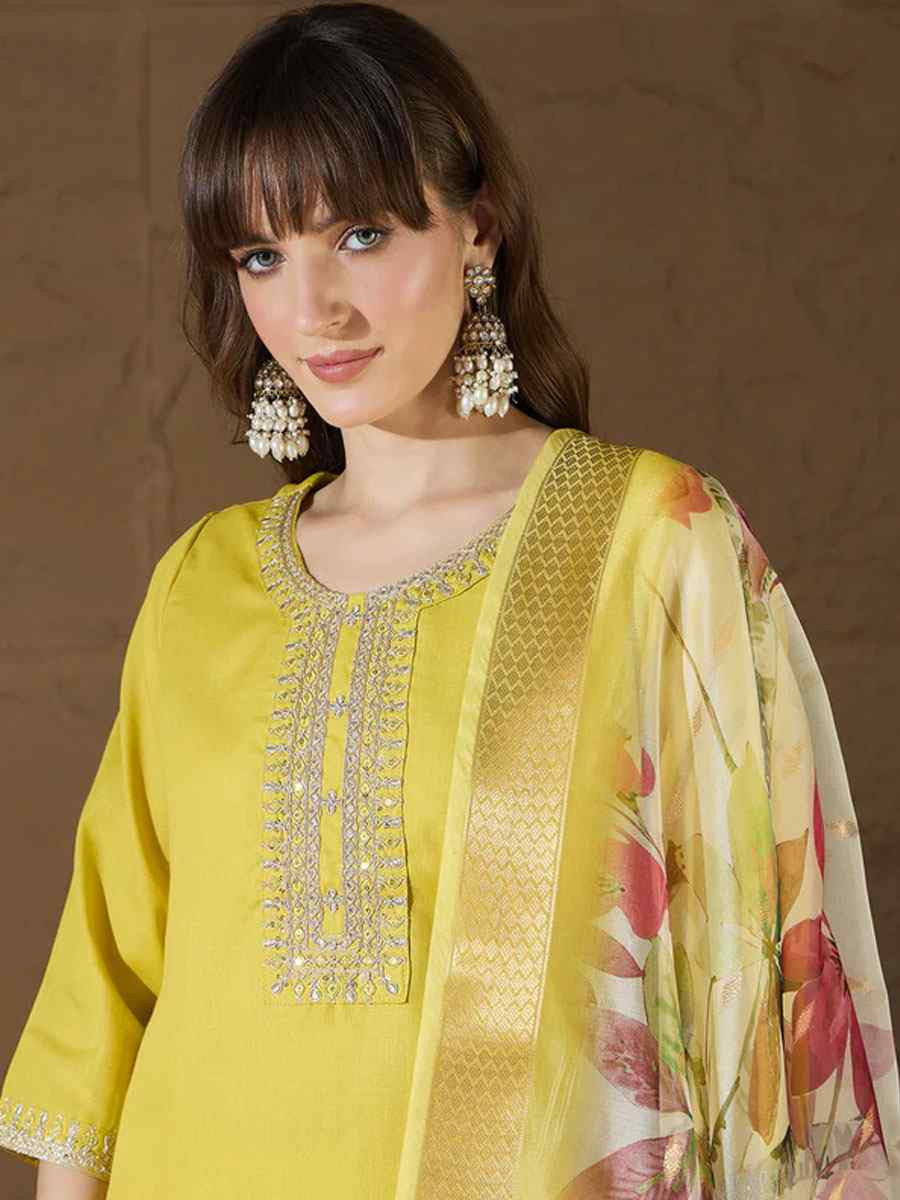 Yellow Cotton Blend Embroidery Party Wedding Festival Casual Ready Pant Salwar Kameez
