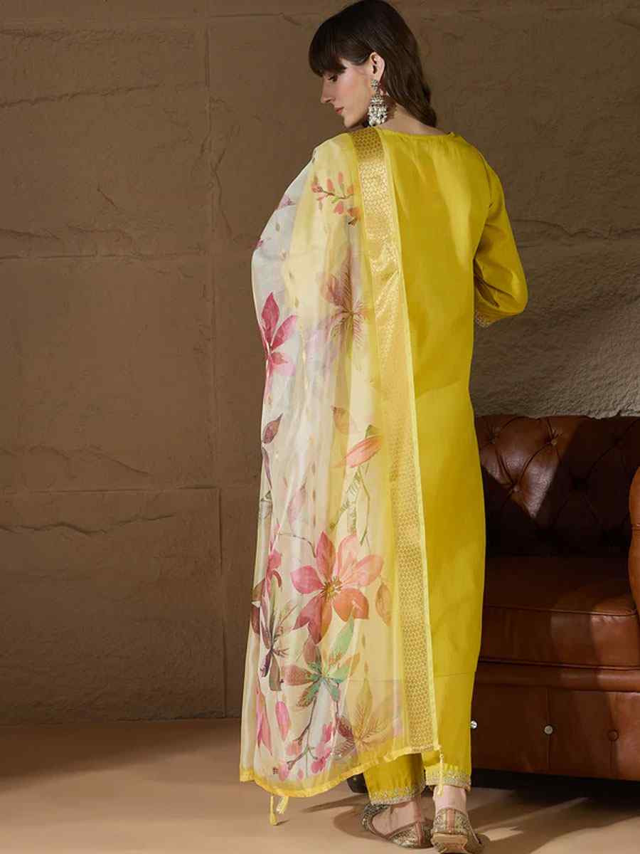 Yellow Cotton Blend Embroidery Party Wedding Festival Casual Ready Pant Salwar Kameez