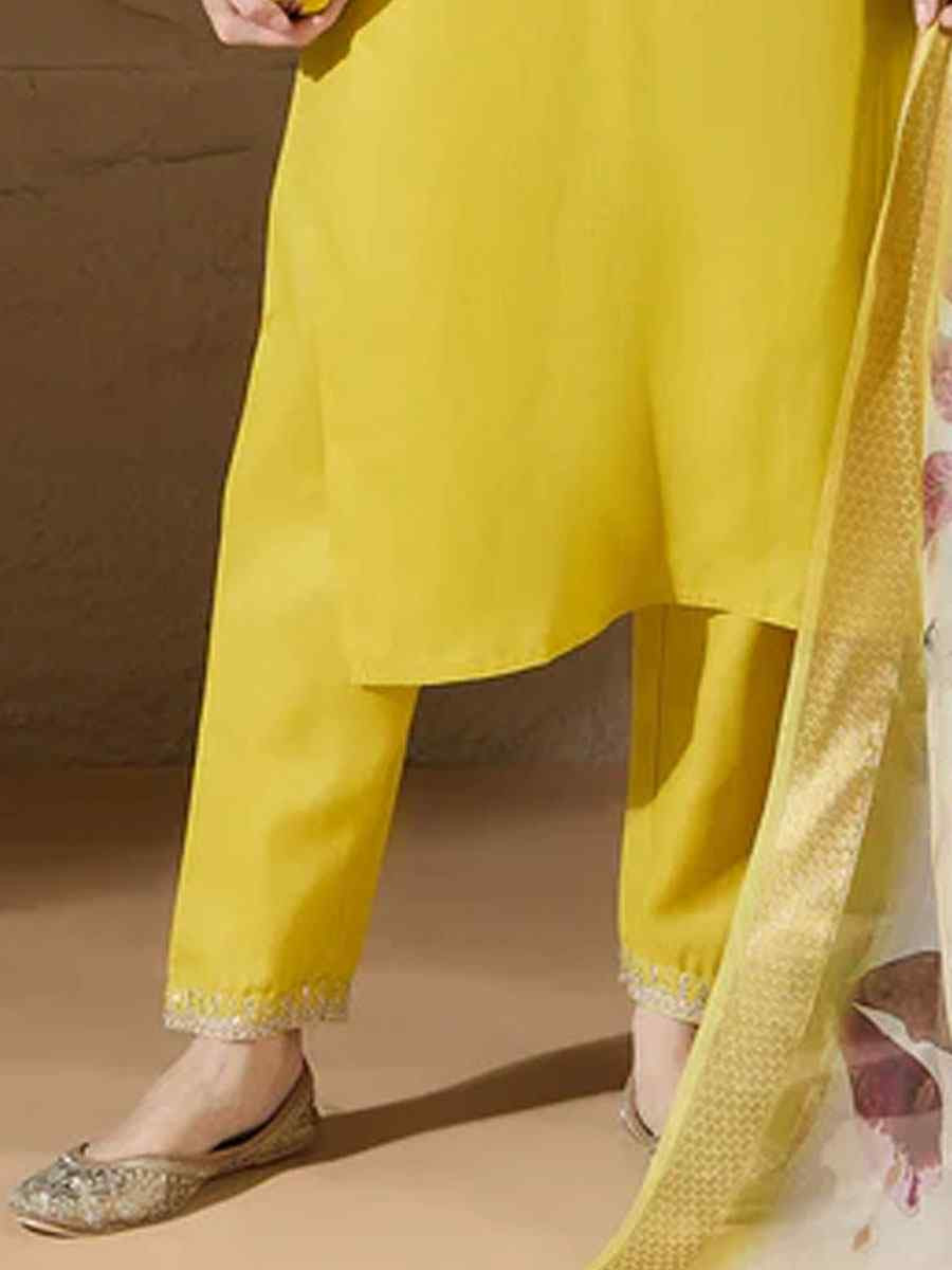 Yellow Cotton Blend Embroidery Party Wedding Festival Casual Ready Pant Salwar Kameez