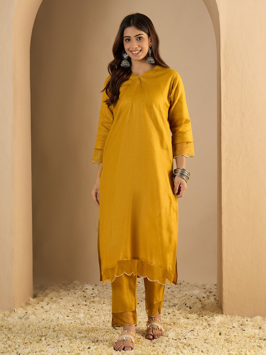 Yellow Cotton Blend Plain Party Wedding Festival Casual Ready Pant Salwar Kameez