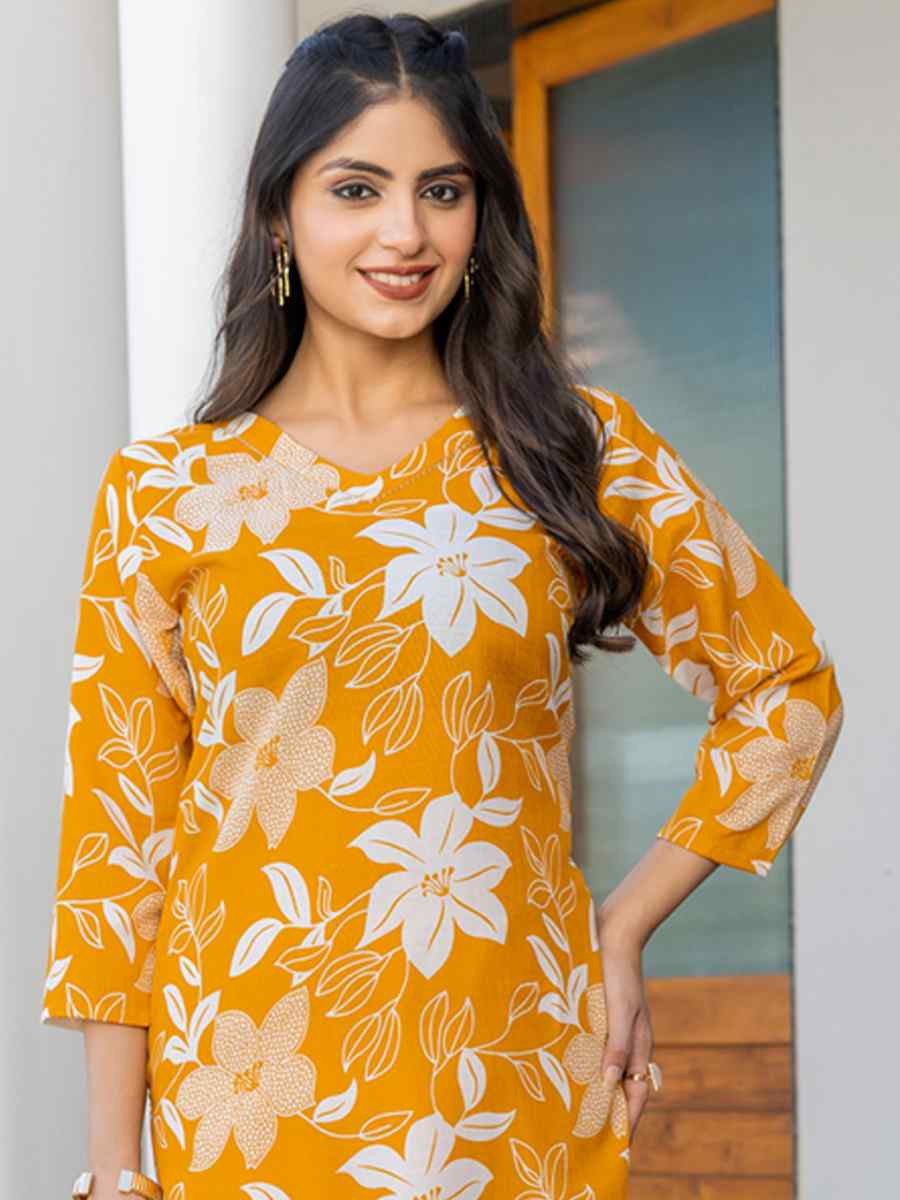 Yellow Cotton Blend Printed Festival Casual Kurti