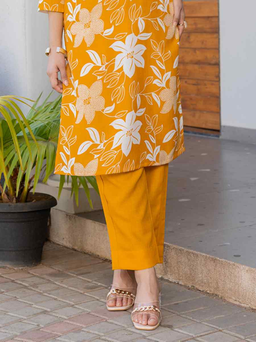 Yellow Cotton Blend Printed Festival Casual Kurti