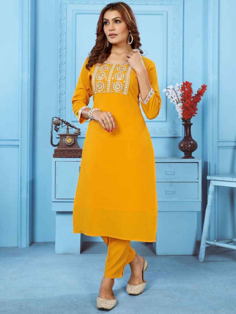 Yellow Cotton Embroidered Festival Casual Kurti With Bottom