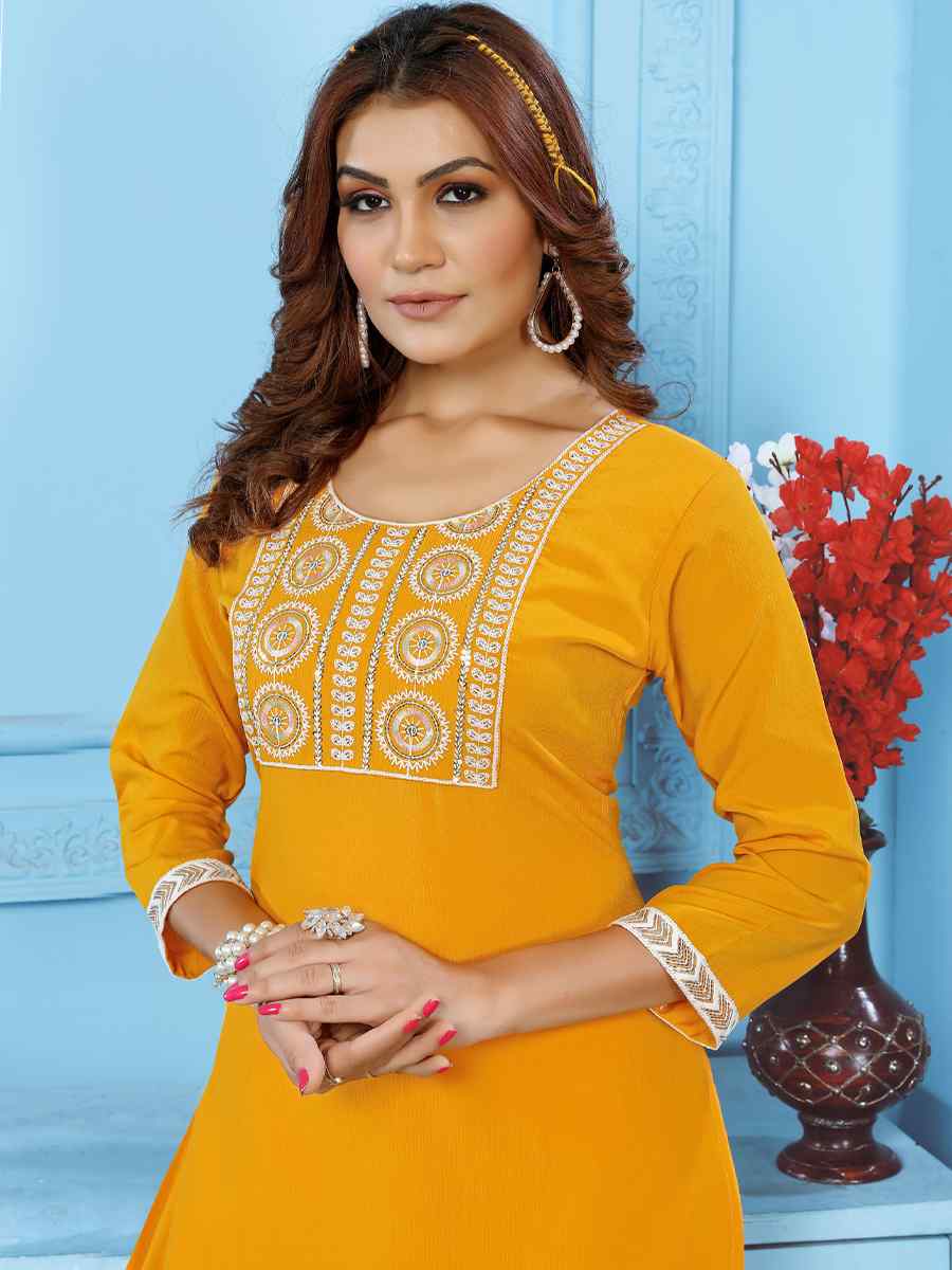 Yellow Cotton Embroidered Festival Casual Kurti With Bottom