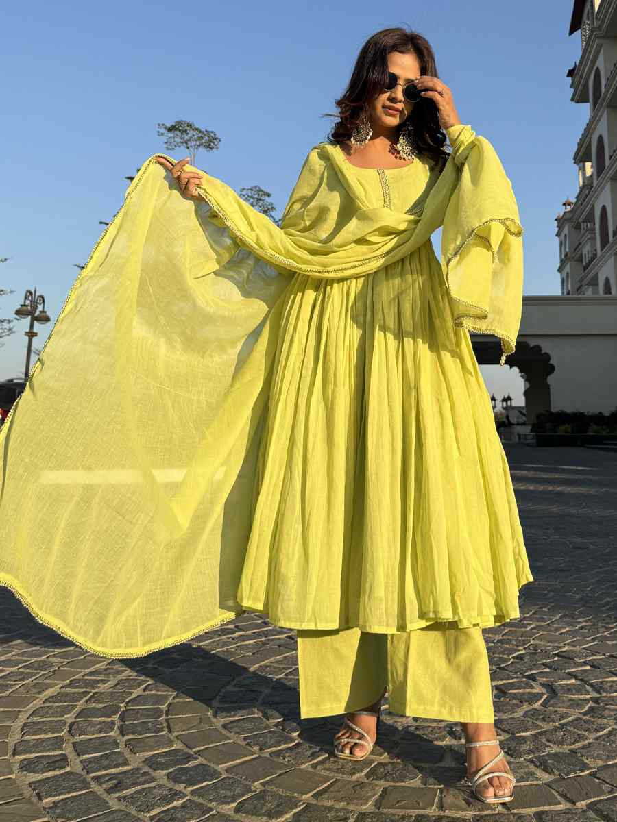 Yellow Cotton Embroidered Festival Casual Ready Pant Salwar Kameez