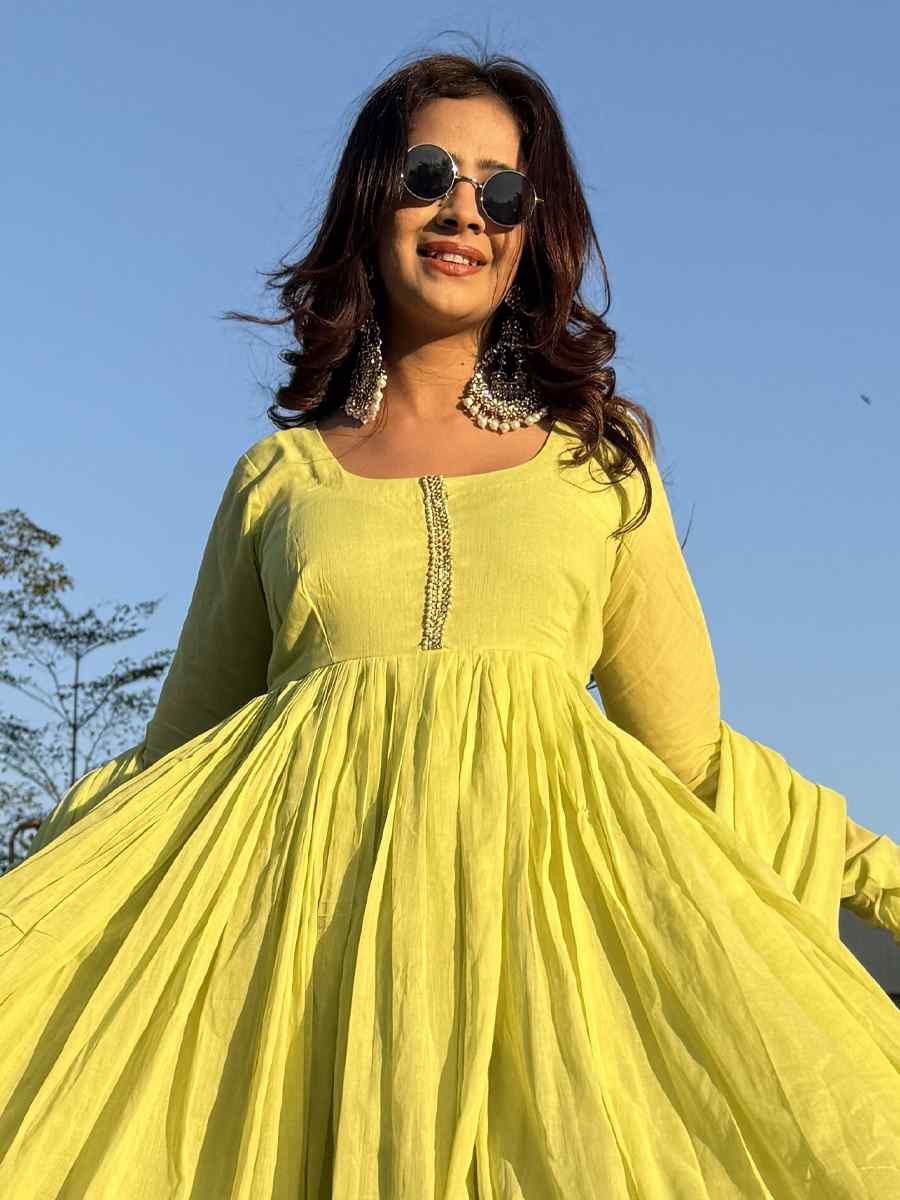 Yellow Cotton Embroidered Festival Casual Ready Pant Salwar Kameez