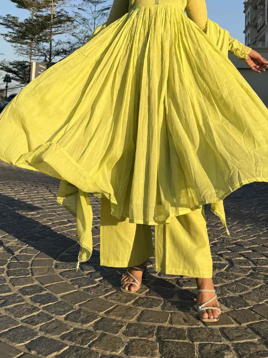 Yellow Cotton Embroidered Festival Casual Ready Pant Salwar Kameez