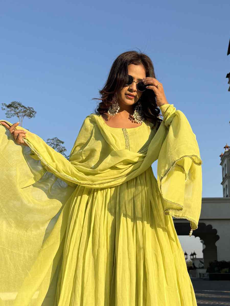 Yellow Cotton Embroidered Festival Casual Ready Pant Salwar Kameez