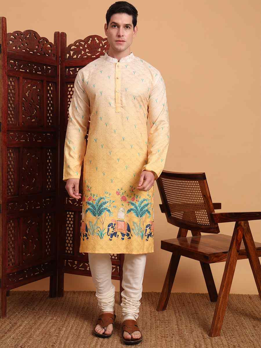 Yellow Cotton Embroidered Festival Mehendi Kurta