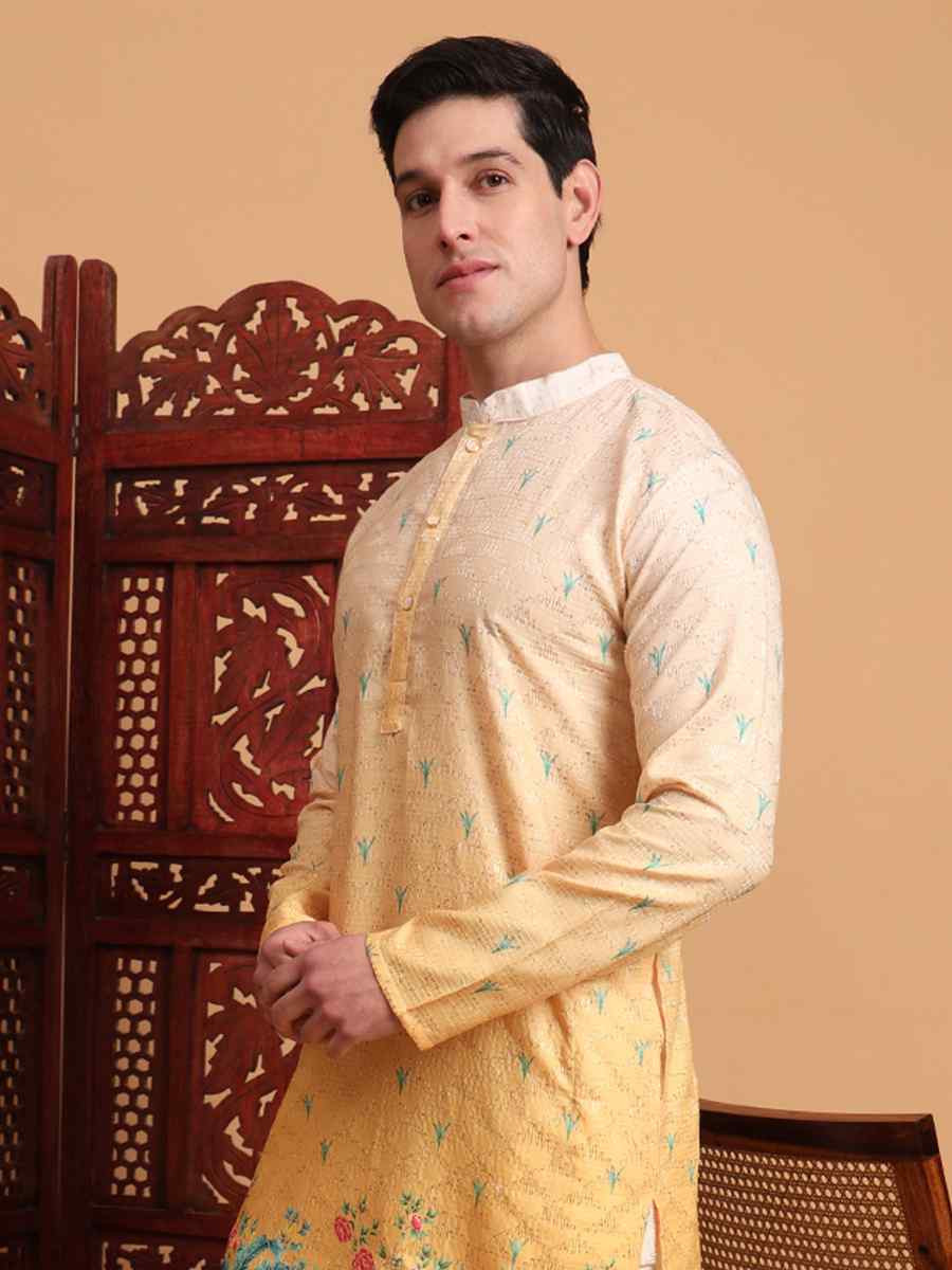 Yellow Cotton Embroidered Festival Mehendi Kurta